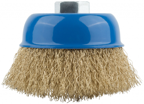 Щетка крацовка 75мм, гайка М14, тип Чашка, стальная латунир.волнистая проволока, MOS, 38942М