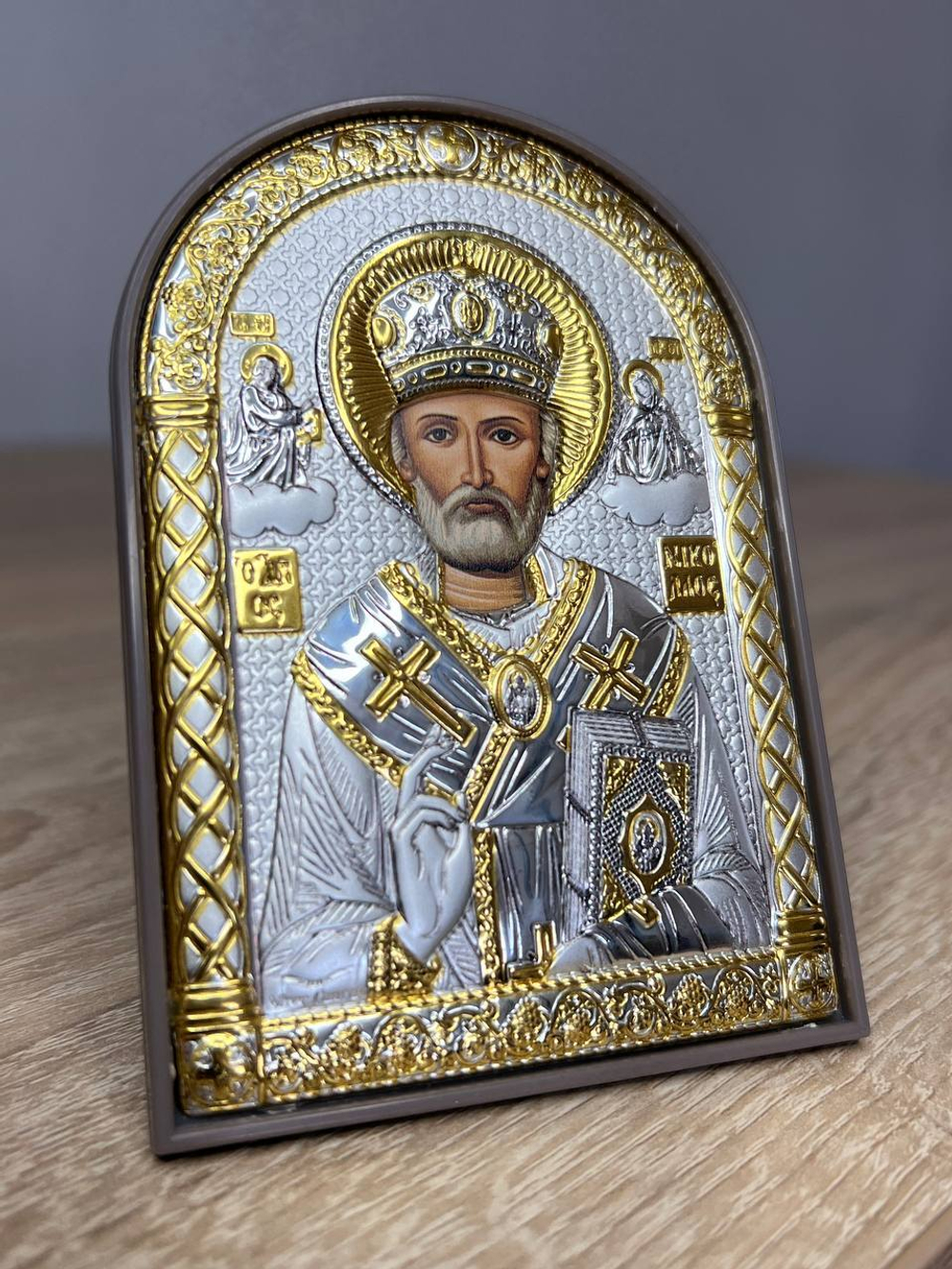 Николай Чудотворец, икона арочная, пластик коричневый 62x88