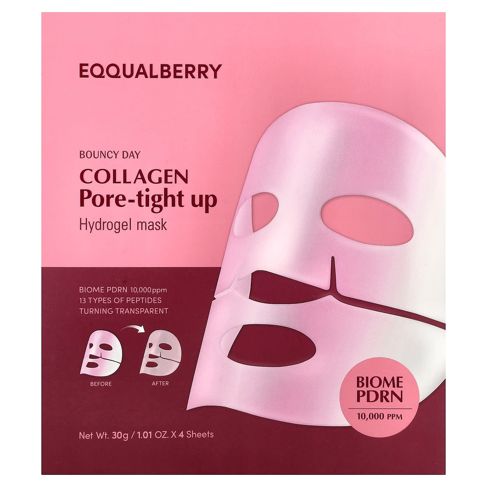 EQQUALBERRY, Bouncy Day, Collagen Pore-Tight Up, гидрогелевая маска для лица, 4 шт. по 30 г (1,01 унции)