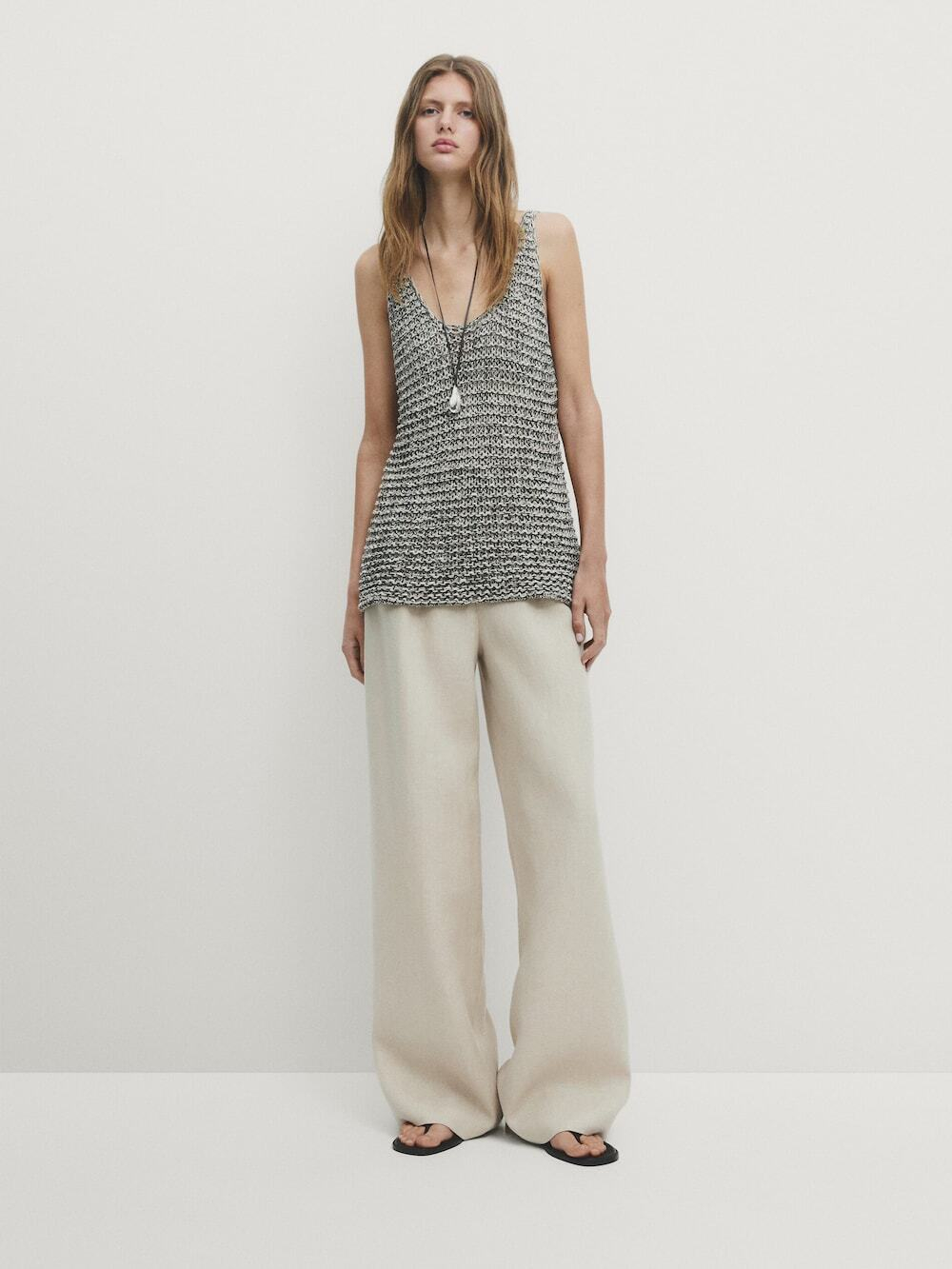 Massimo Dutti Трикотажный топ на бретелях с контрастной нитью, кротово-коричневый