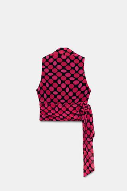 ZARA ТОП В ГОРОШЕК С БАНТОМ, ЧЕРНЫЙ/ЦВЕТ ФУКСИИ