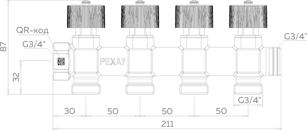 Коллектор регулирующий проходной РЕХАУ - 3/4" (ВР/НР) на 4 контура 3/4"ЕК (Евроконус)