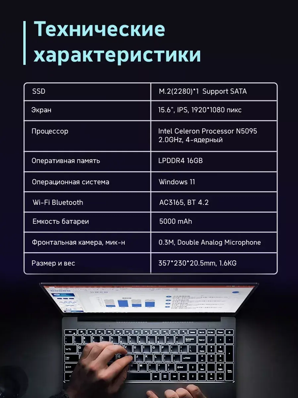 Ноутбук 15.6" Intel Celeron N5095, 16 GB RAM, 512GB SSD