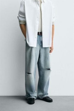 ZARA ДЖИНСЫ BAGGY FIT С РАЗРЕЗАМИ, ГОЛУБОЙ