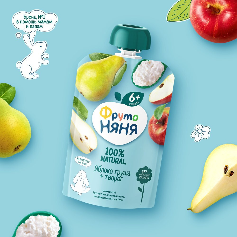 Пюре с творогом ФрутоНяня яблоко, груша, 90г.