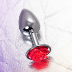 Серебристая анальная втулка с красной розочкой 8см ToyFa Metal 717009-9