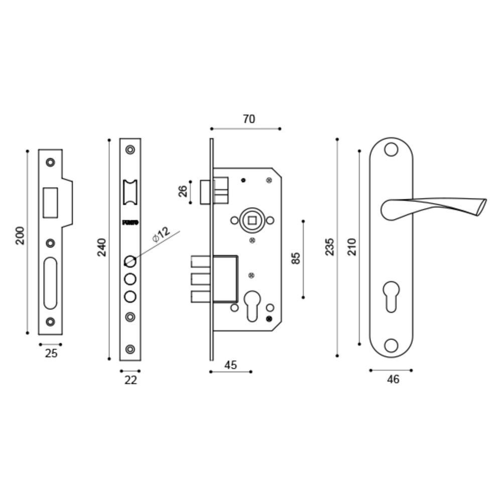 Замок с ручкой KIT P90 4585/3 CRONA SN матовый никель