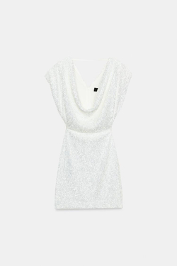 ZARA МИНИ-ПЛАТЬЕ С ПАЙЕТКАМИ, БЕЛЫЙ