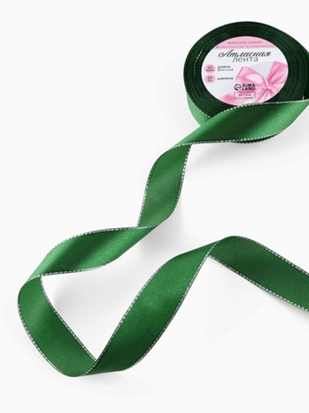 Лента атласная, с золотым люрексом, 25 мм, 23±1 м, зелёная №049