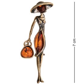 AM-2087 Брошь «Дама выход в свет» (латунь, янтарь)