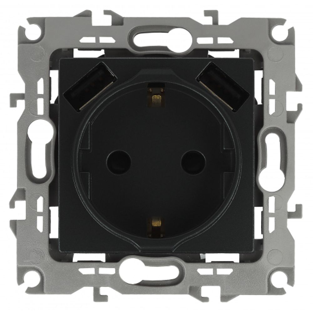 14-4109-05 ЭРА Розетка 2P+E 16A-250В, штор. с 2xUSB 5В-3А, Эра Elegance, антрацит