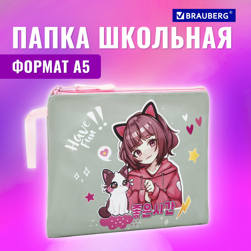 Папка для тетрадей BRAUBERG А5 1 отделение полиэстер на молнии с ручкой "Anime friends" (3 штуки в упаковке)