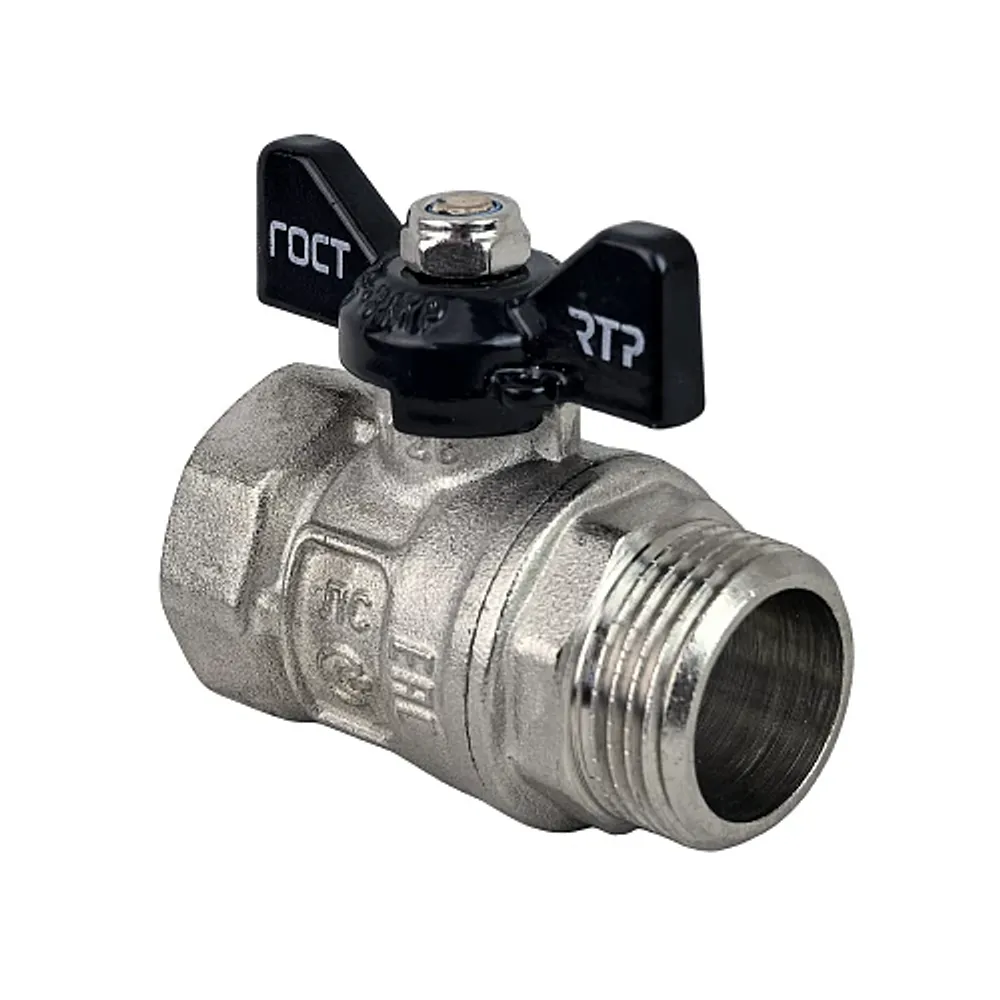 Кран шаровой ГОСТ ручка бабочка, латунь, внутренняя/наружная резьба 3/4",PN40 никель, RTP (49309)