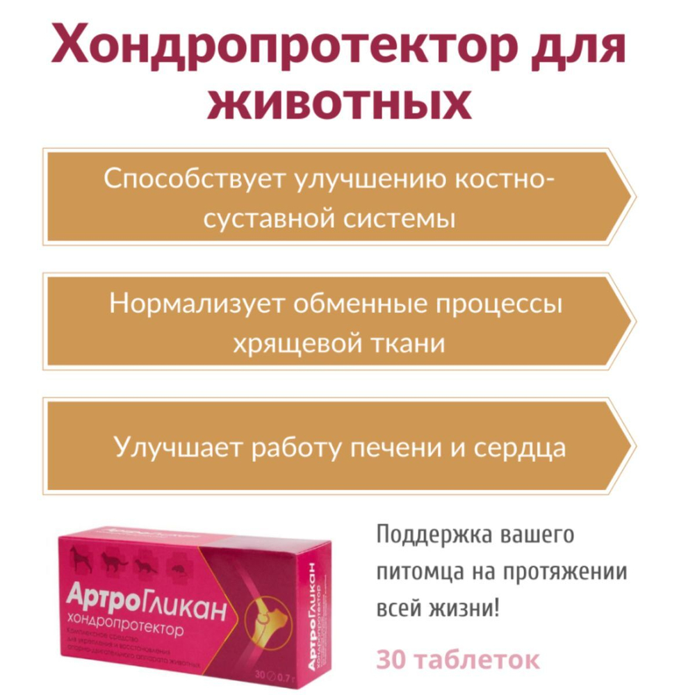 Кормовая добавка, хондропротектор нового поколения, улучшающая состояние печени и сердца у кошек, собак, крыс и хорьков АртроГликан, 30таблеток