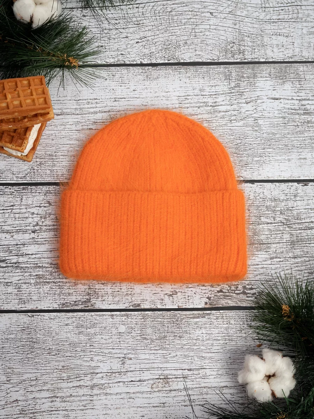 шапка вязаная бини ангора теплая демисезонная с отворотом