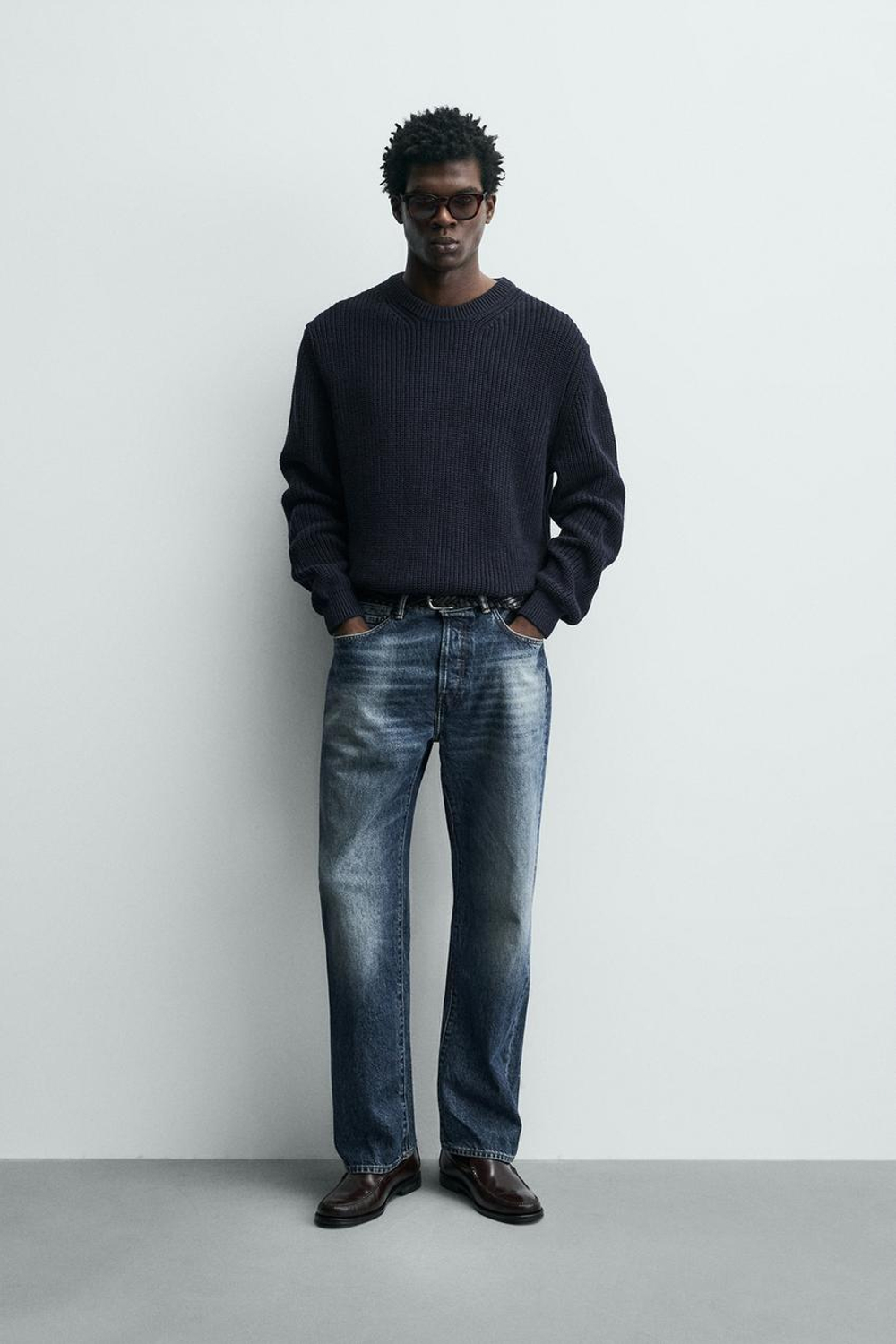 ZARA СВИТЕР ИЗ ХЛОПКА КЛАССИЧЕСКОГО КРОЯ, МОРСКОЙ СИНИЙ