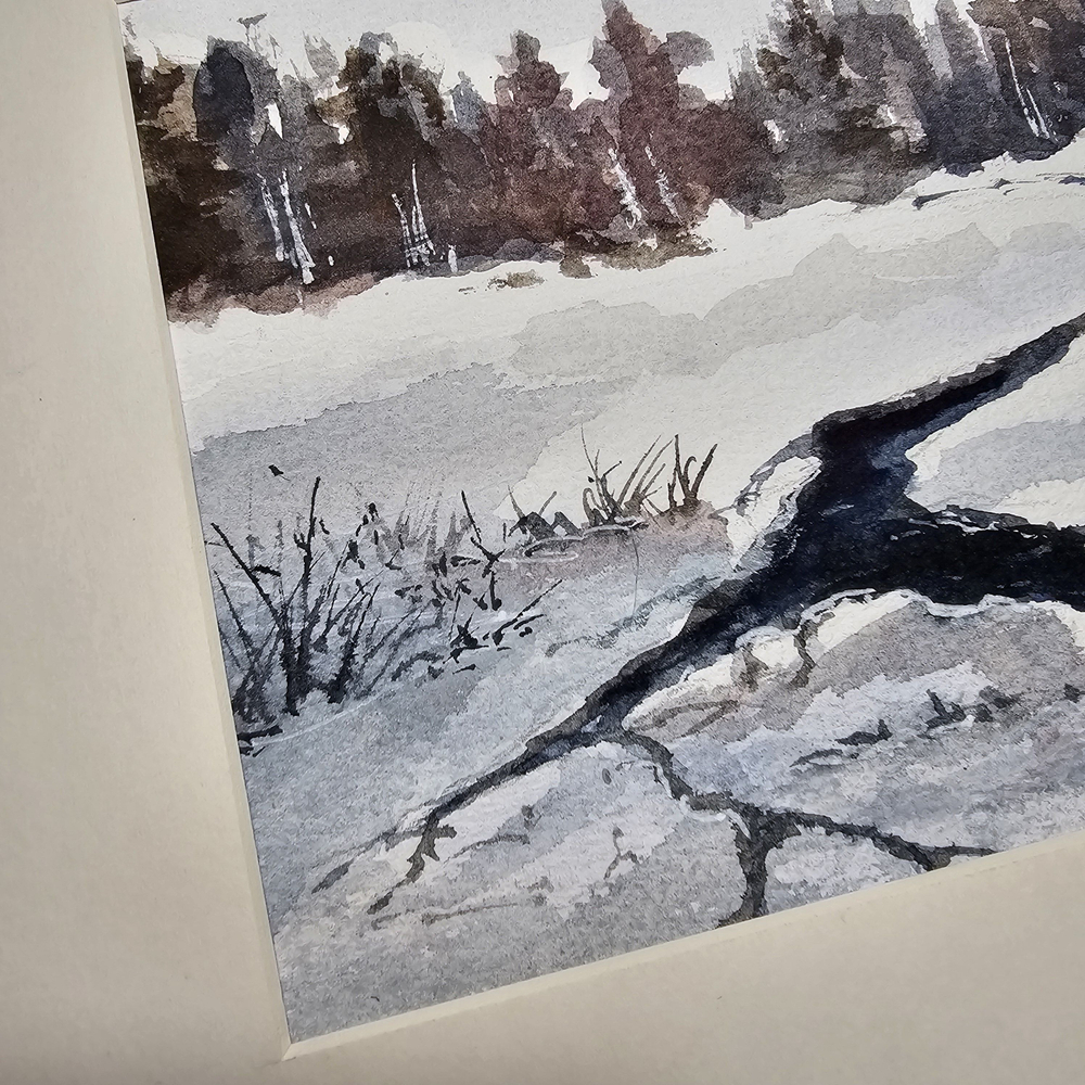 Картина авторская акварельная в паспарту 21х30 см на стену для интерьера "Зимний ручей"