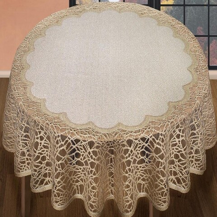 Скатерть жаккардовая круглая, цвет кремово-золотистый, Польша.