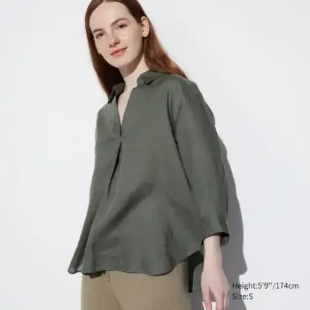 UNIQLO РУБАШКА СО ШКИПЕРСКИМ ВОРОТНИКОМ И РУКАВАМИ 3/4 ИЗ 100% ЛЬНА ПРЕМИУМ-КЛАССА, ОЛИВКОВЫЙ