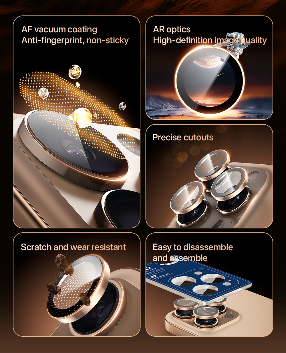 Защитное стекло на камеры с серебристыми рамками из алюминия для iPhone 16 Pro и 16 Pro Max, серия HAWK Series Camera Lens Protector