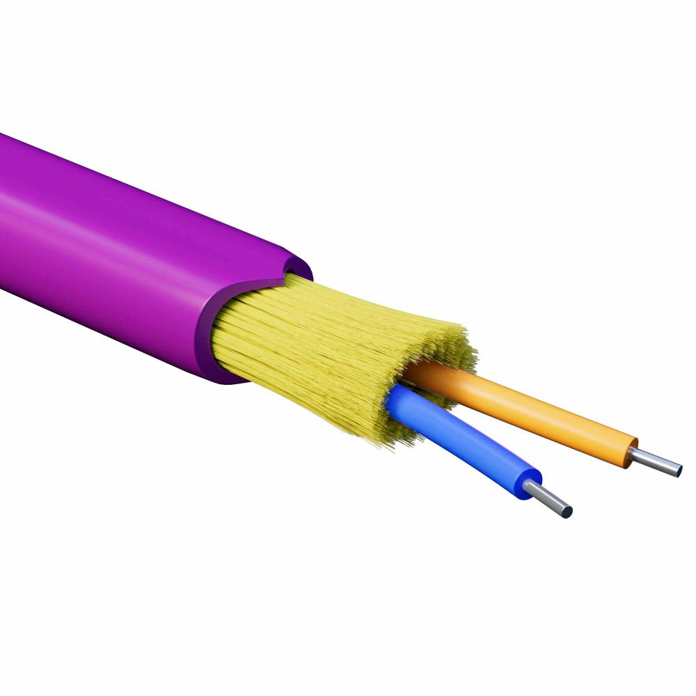 Кабель волоконно-оптический, распределительный, арамидные упрочняющие нити, для внутренней прокладки, нг(A)-HFLTx, 2 ОВ, категория OM4 (G.651.1) плотный буфер, 0,4 кН, барабан 2000 м