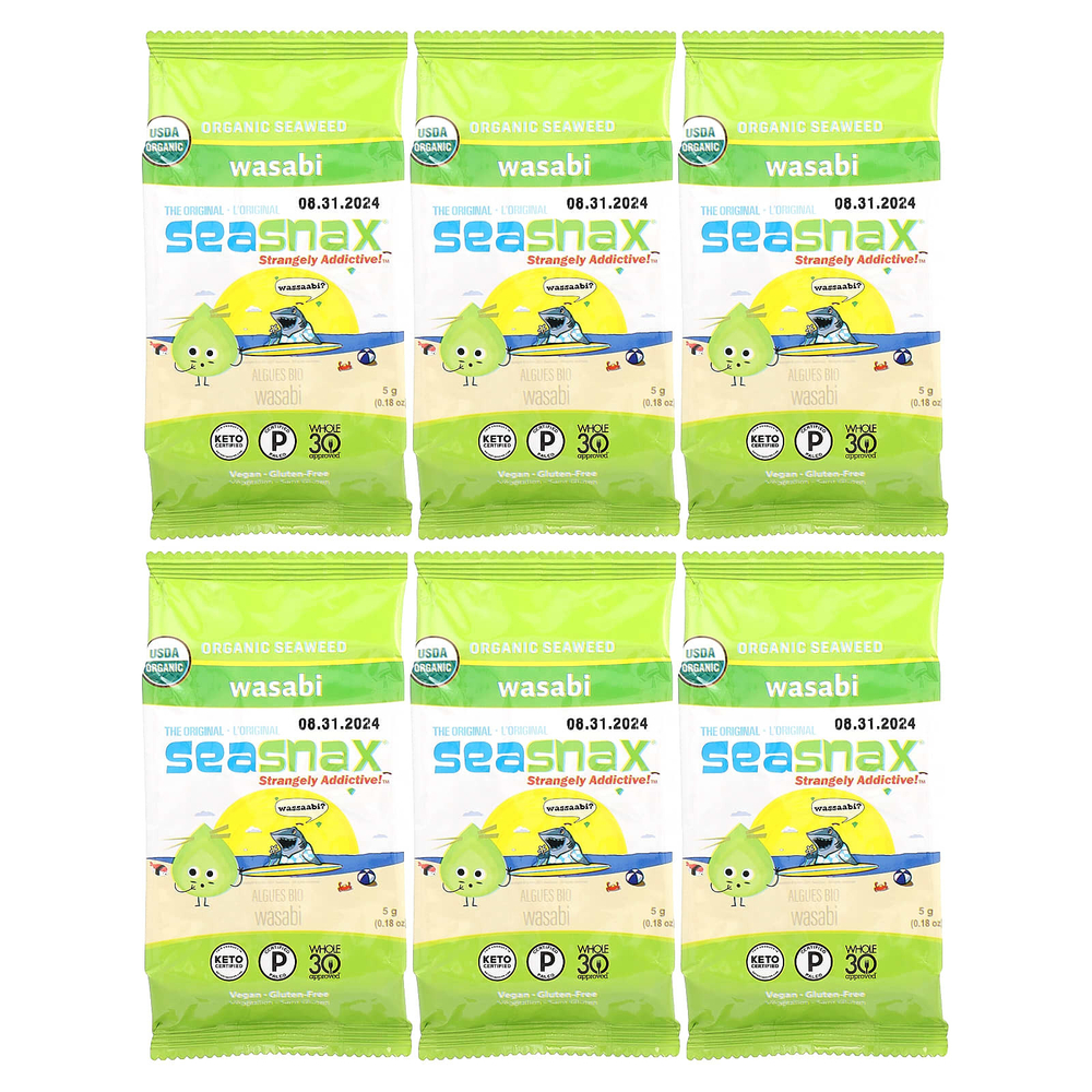 SeaSnax, органические морские водоросли, васаби, 6 пакетиков по 5 г (0,18 унции)