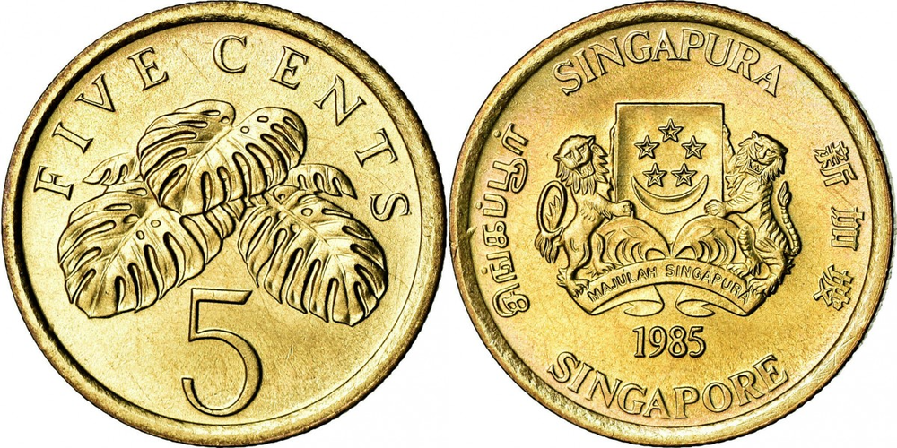 Сингапур 5 центов, 1985 - 1991 Листья растения Монстера UNC