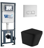 Унитаз подвесной WeltWasser MARBERG 410 + GELBACH 043 MT-BL + MAR 410 SE GL-WT черный матовый, безободковый, с крышкой микролифт, слив-торнадо, с инсталляцией и белой глянцевой кнопкой