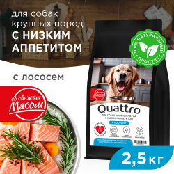 Корм сухой для взрослых собак крупных пород, премиум полнорационный комплекс, для собак с низким аппетитом, с лососем, 2,5 кг, QUATTRO