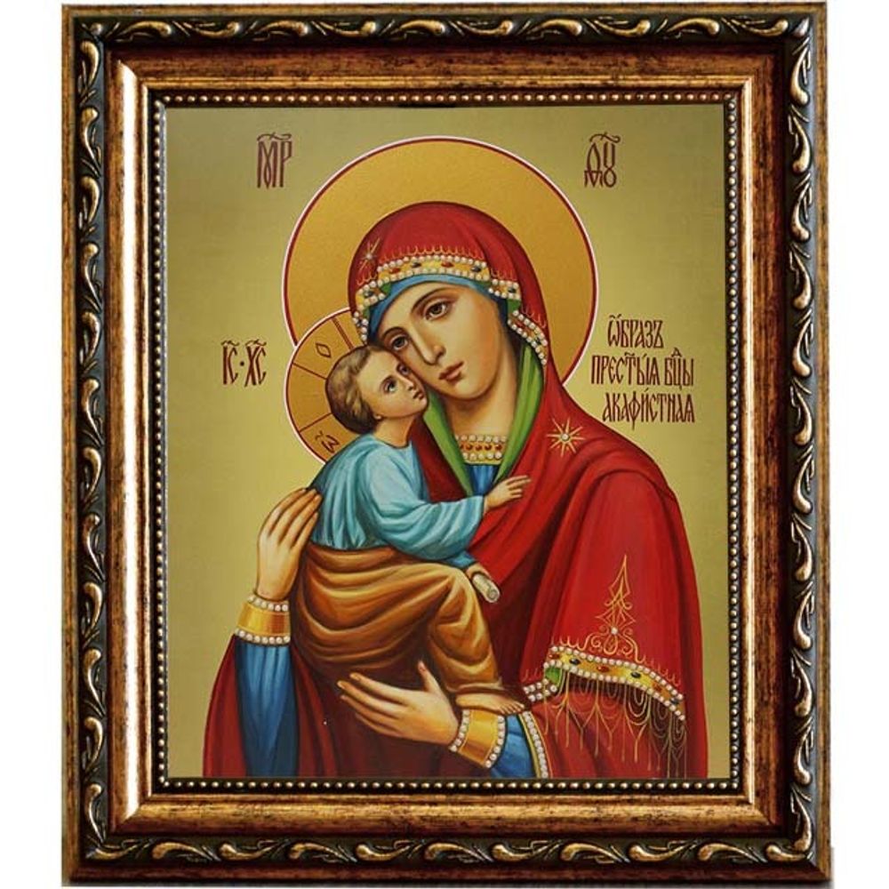 Акафистная икона Божьей Матери на холсте.