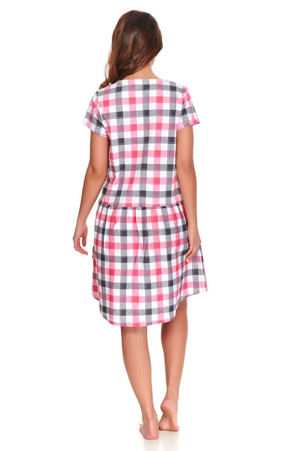 Клетчатое домашнее платье с кармашками (Размер: XL) (Цвет: розовый с серым)