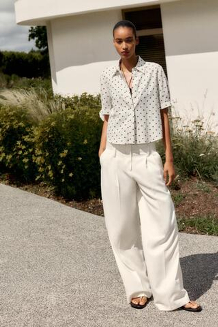 ZARA РУБАШКА ИЗ РАМИ С КОРОТКИМИ РУКАВАМИ И ЗАВЯЗКАМИ, ЭКРЮ/КОРИЧНЕВЫЙ