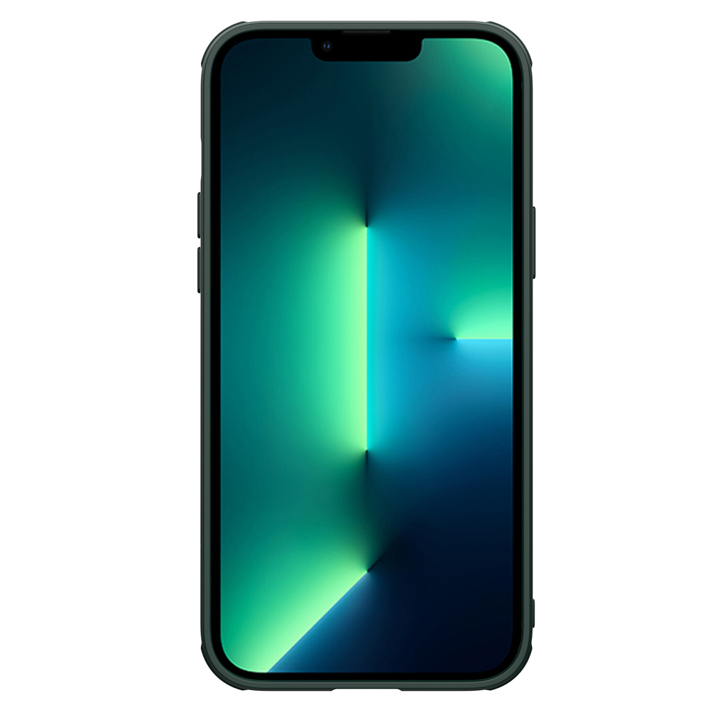 Текстурный чехол зеленого цвета (Dark Green) для iPhone 13 Pro Max от Nillkin, серия Textured Case S (покрытие нейлонового волокна), полуавтоматическая механизм сдвижной шторки