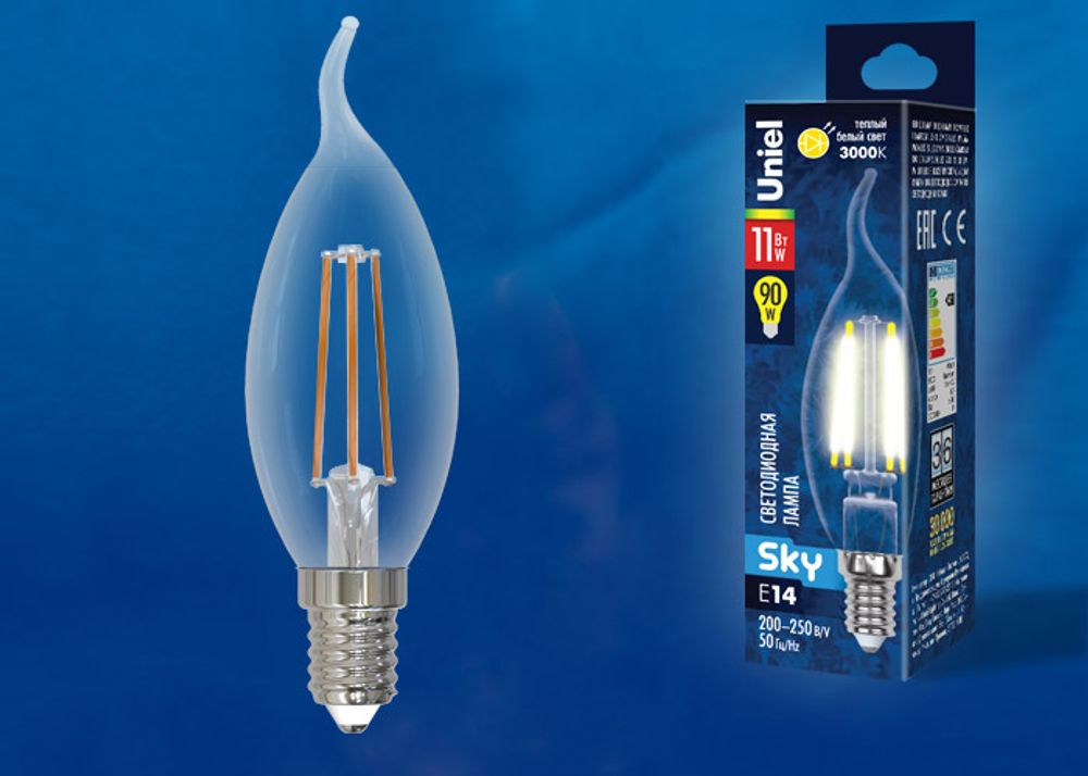LED-CW35-11W/3000K/E14/CL PLS02WH Лампа светодиодная. Форма свеча на ветру, прозрачная. Серия Sky. Теплый белый свет (3000К). Картон. ТМ Uniel.