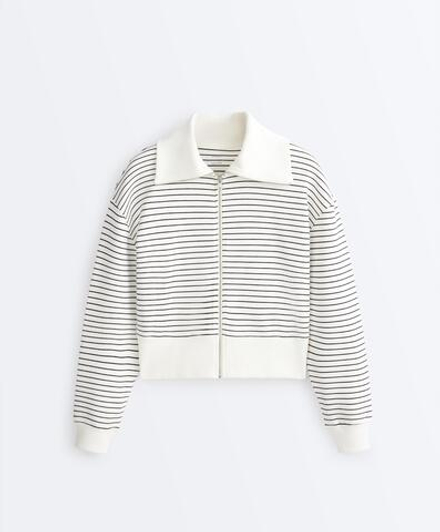 Oysho Куртка в полоску с воротником Rib из хлопка, светлый экрю