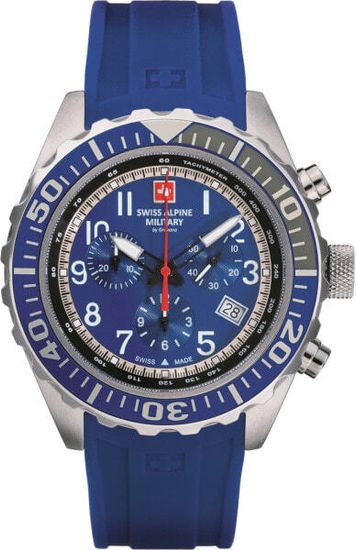 С ремешком Мужские наручные часы с синим силиконовым ремешком Swiss Alpine Military 7076.9835 chrono 44mm 10ATM