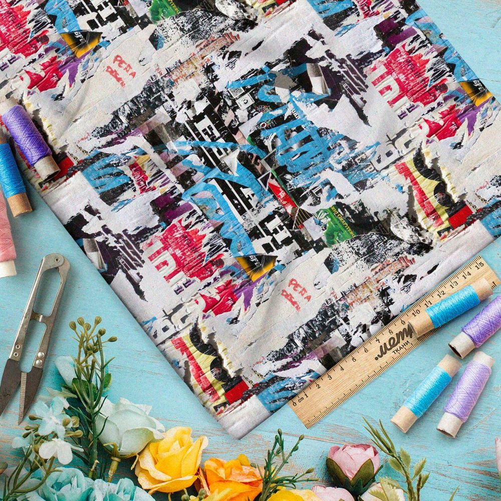 Ткань премиум атлас журнальный коллаж