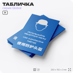 Табличка "Используйте защитную каску", на дверь и стену, информационная и мультиязычная (русский, английский, китайский), серия GLOBAL, 25х15 см, Айдентика Технолоджи