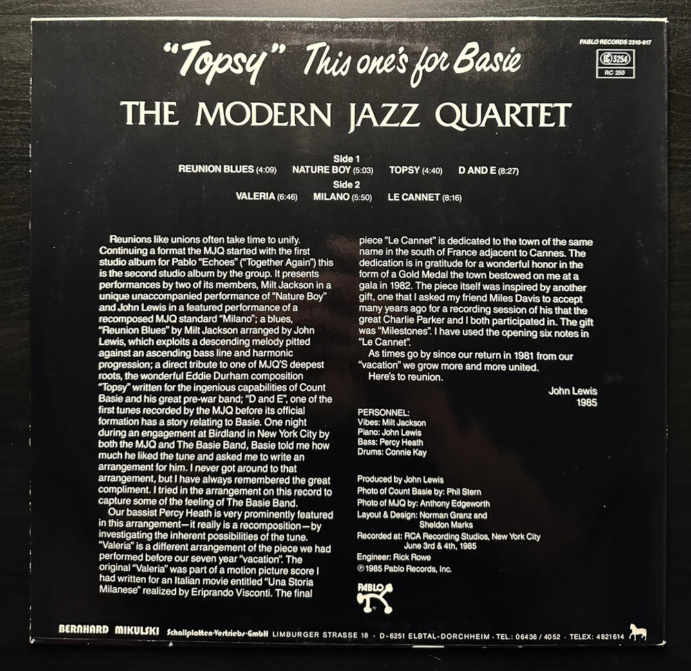 The Modern Jazz Quartet - "Topsy" This One's For Basie (Германия 1985г.)