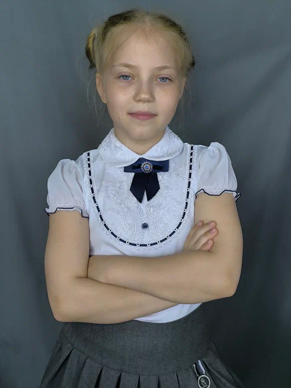 19308, Блузка, белый/синий, к/р, р.116-52 - р.158-80 д/д
