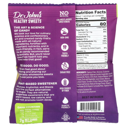 Dr. John's Healthy Sweets, Жевательные квадратики, без сахара, лимон, манго и апельсин, 50 г (1,8 унции)