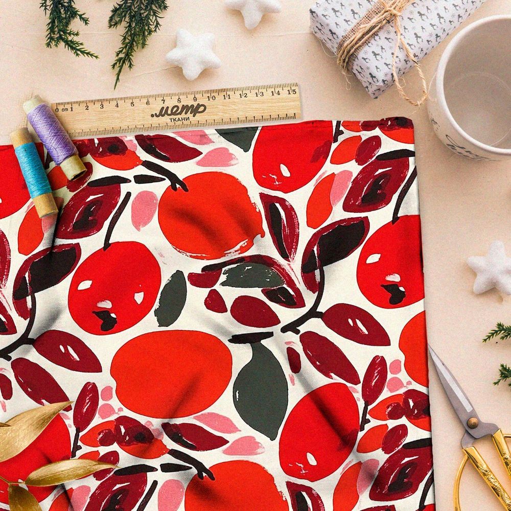 Ткань премиум шелк искусственный Армани абстрактные фрукты