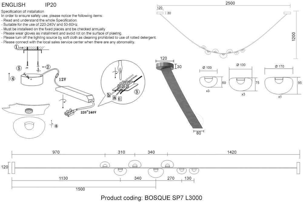 Светильник подвесной Crystal Lux BOSQUE SP7 L3000 GREY/TRANSPARENT