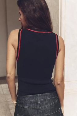 ZARA ТРИКОТАЖНЫЙ ТОП С КОНТРАСТНОЙ СТРОЧКОЙ БЕЗ РУКАВОВ, МОРСКОЙ СИНИЙ