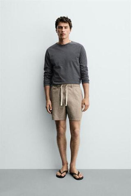 ZARA ШОРТЫ RELAXED FIT ИЗ ХЛОПКА И ЛЬНА, ПОЛОСКИ