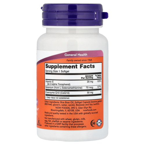 NOW Foods, коэнзим Q10 с селеном и витамином E, 50 капсул