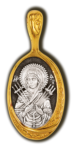 Умягчение злых сердец (Семистрельная). Нательная икона из серебра с позолотой.