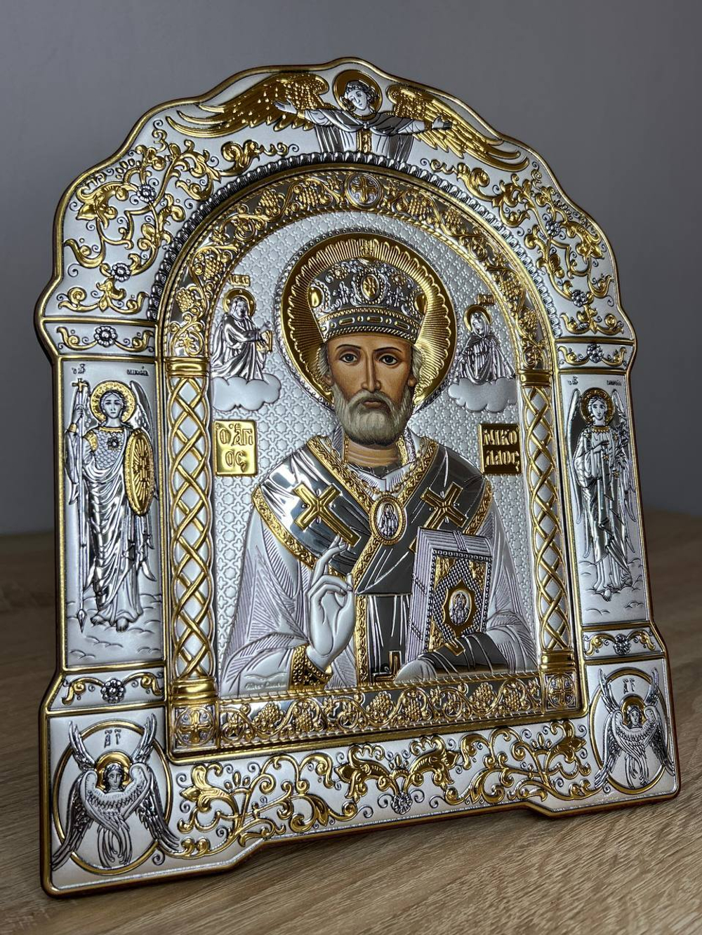 Николай Чудотворец, икона арочная с рамкой, красное дерево 167х228