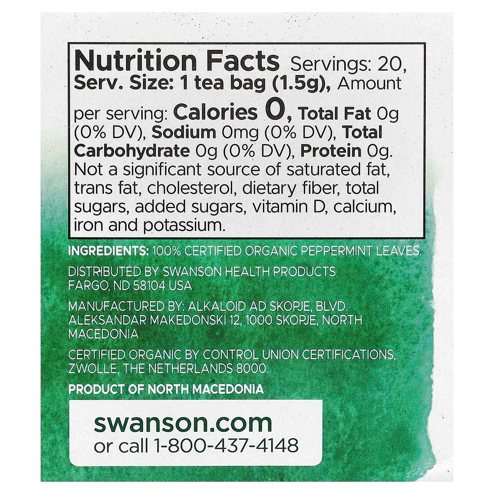 Swanson, 100% органический чай с перечной мятой, без кофеина, 20 чайных пакетиков, 30 г (1,05 унции)