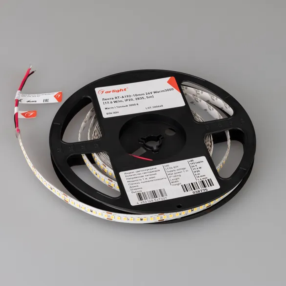 Светодиодная лента RT-A192-10mm 24V Warm3000 (17.6 W/m, IP20, 5m) (Arlight, высок.эфф.150 лм/Вт) 038775(1)